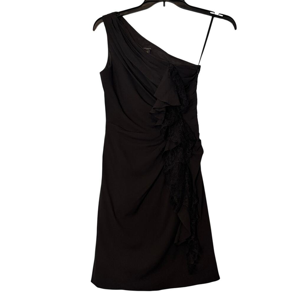 Ann Taylor Black One Shoulder Cocktail Dress Size 2 Ruched Lace Ruffle LBD